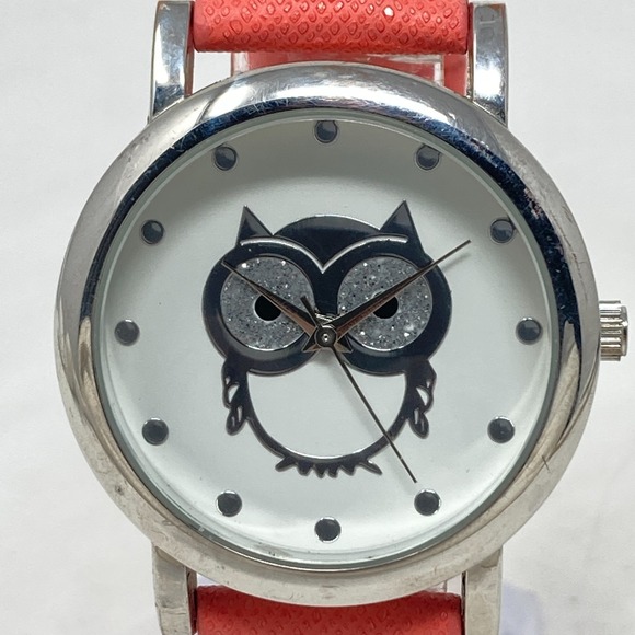 Accutime Owl Watch Women 35mm Silver Tone Coral Faux Leather Glitter New Battery - Picture 2 of 16